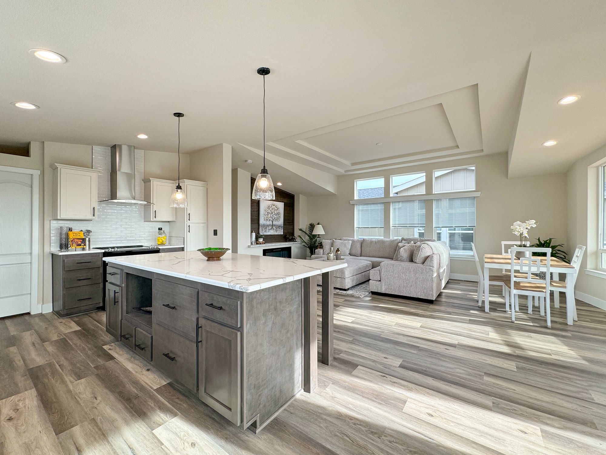 refined open concept interior with tray ceiling at lavender meadows in sequim wa