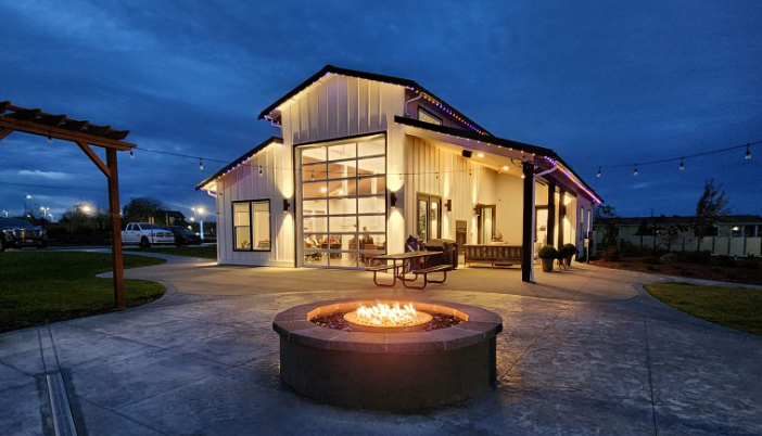 Community clubhouse and firepit at Lavender Meadows