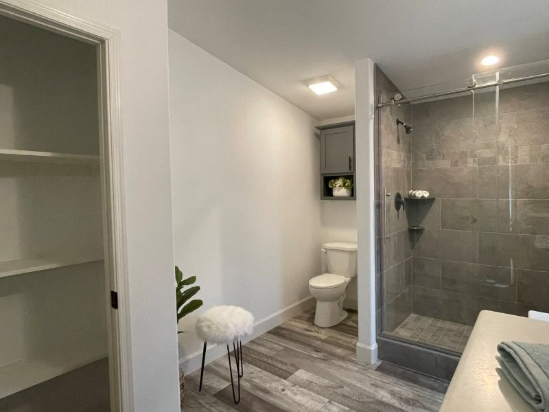sophisticated bathroom with tiled walk in shower at lavender meadows in sequim wa