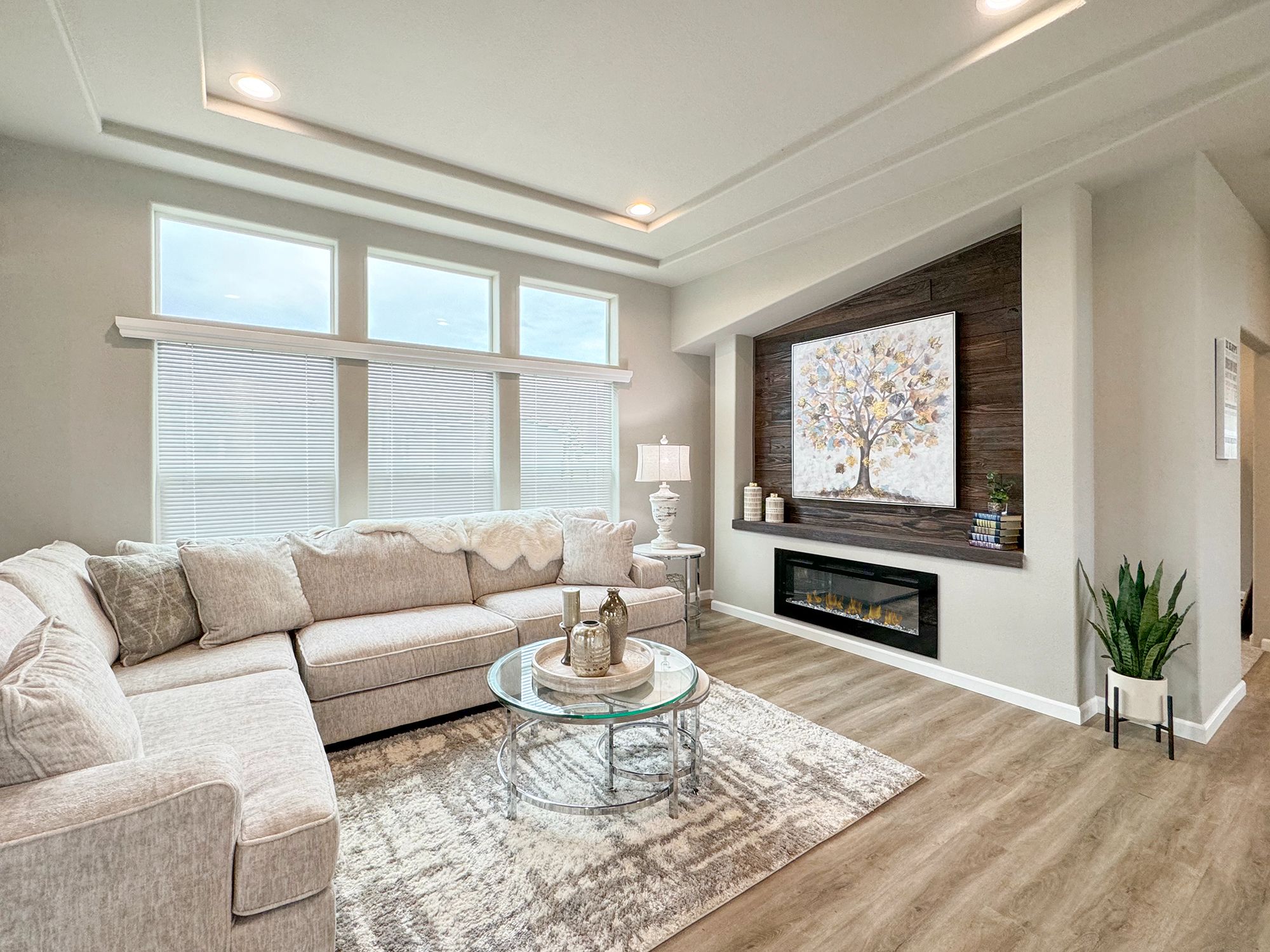 tasteful living area with wood paneled accent wall at lavender meadows in sequim wa